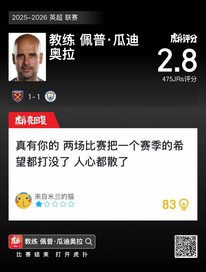 西汉姆联1比1战平曼城，瓜迪奥拉排兵布阵引关注